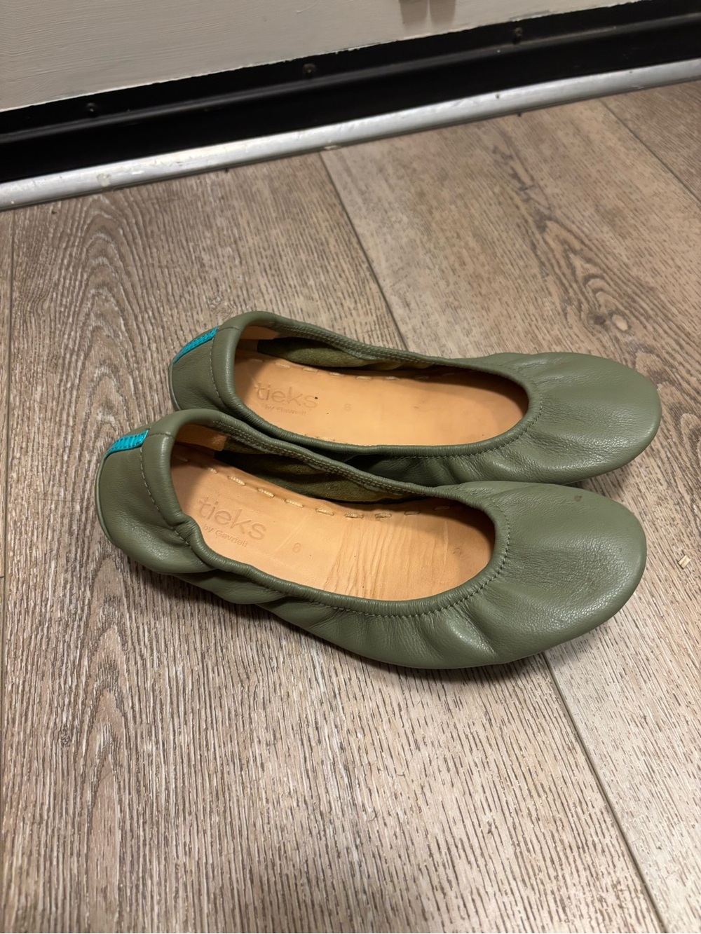 Tieks Olive Green Leather Ballet Flats with Teal Heel Tab